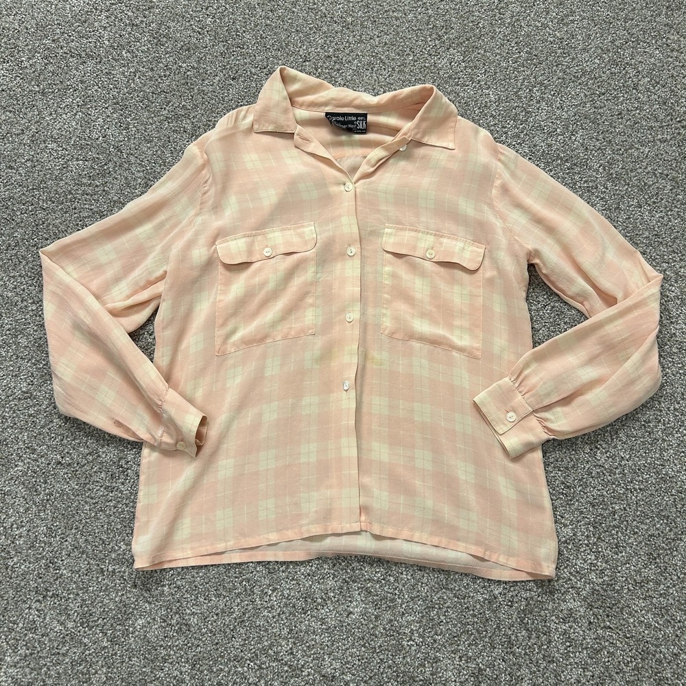 Vintage Carole Little Shirt Womens 12 Pink Plaid Silk Button Up Blouse Top
